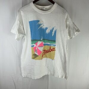 Vintage ARUBA Paradise Island Retro Single Stitch White T Shirt Size 44 (Fits M)